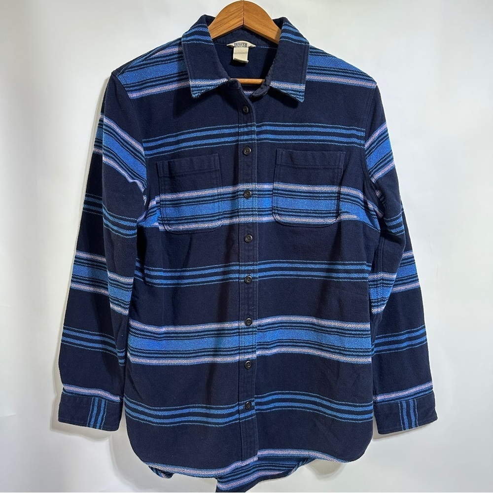 Duluth women’s flannel striped black blue buttons up shirt jacket Shacket Large